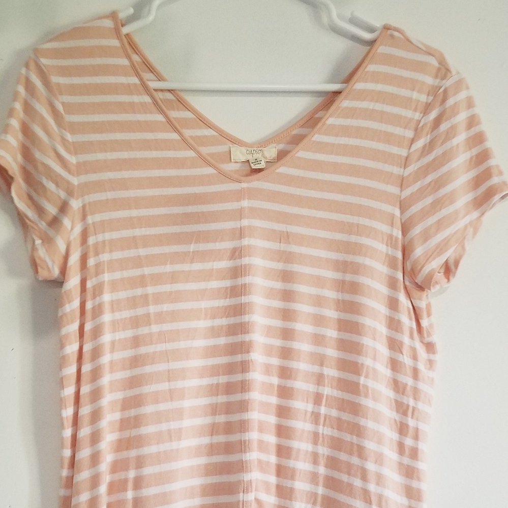 Blush and white striped v neck shirt